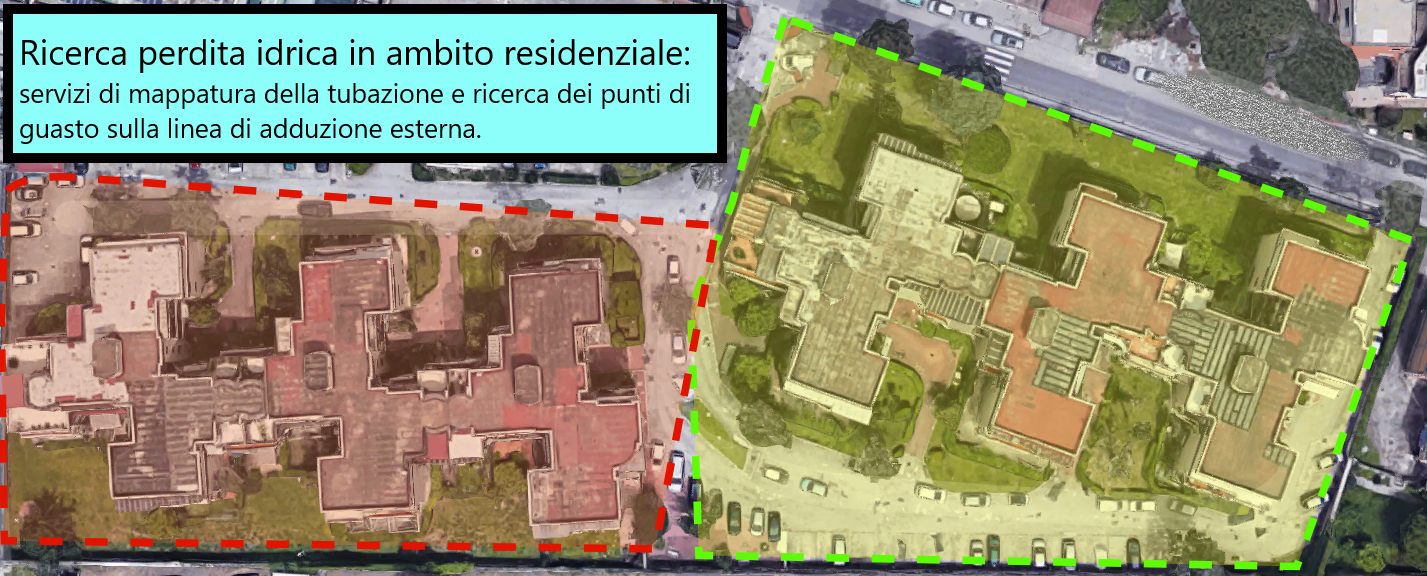 Localizzazione dei punti di perdite e di rottura in rete idrica  residenziale di adduzione in condominio, residenziale privato, aree urbane.  - BAXSA - Termografia e servizi di ingegneria